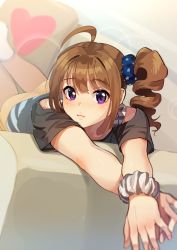 Rule 34 | 1girl, ahoge, arms up, black shirt, blue scrunchie, blurry, brown hair, closed mouth, commentary, couch, drill hair, frown, hair ornament, hair scrunchie, heart, idolmaster, idolmaster million live!, kamille (vcx68), looking at viewer, lying, medium hair, on couch, on stomach, orange pants, pants, pillow, print scrunchie, purple eyes, scrunchie, shirt, short sleeves, side drill, side ponytail, solo, star (symbol), star print, t-shirt, white scrunchie, wrist scrunchie, yokoyama nao