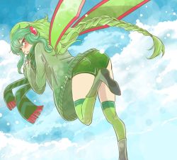 Rule 34 | 1girl, ass, blush, braid, cloud, coat, creatures (company), female focus, flygon, game freak, gen 3 pokemon, green eyes, green hair, green shorts, green thighhighs, green wings, kurage miho, legs, long hair, looking at viewer, looking back, matching hair/eyes, nintendo, parted lips, personification, pokemon, ponytail, red eyes, scarf, short shorts, shorts, shy, single braid, sky, solo, thighhighs, wings