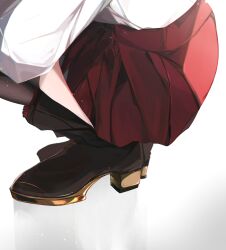 Rule 34 | 1girl, absurdres, boots, highres, hololive, hololive english, nanashi mumei, red skirt, shirt, skirt, squatting, thighhighs, virtual youtuber, white background, white shirt