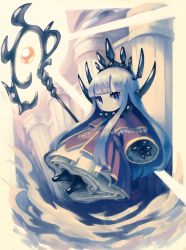 Rule 34 | + +, 1girl, absurdres, blue eyes, closed mouth, colored skin, crown, dress, full body, grey hair, highres, holding, holding staff, horns, long hair, long sleeves, looking at viewer, mana matitia (okame nin), no mouth, okame nin, original, red dress, solo, staff, very long hair, white skin