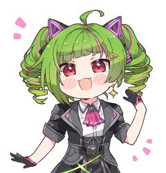 Rule 34 | 1girl, :3, :d, ahoge, animal ears, ascot, black gloves, black jacket, black skirt, blush, blush stickers, cat ears, collared shirt, commentary, cowboy shot, delutaya, drill hair, earrings, fang, furrowed brow, gloves, green hair, hair ornament, hairclip, hand up, highres, indie virtual youtuber, jacket, jewelry, kukie-nyan, looking at viewer, multicolored hair, notice lines, open mouth, pink ascot, pink hair, red eyes, shirt, short sleeves, sidelocks, simple background, skirt, smile, solo, streaked hair, twin drills, virtual youtuber, white background, white shirt