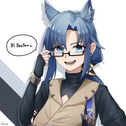 1girl absurdres animal_ears arknights blue_eyes blue_hair english_text fang_(arknights) glasses highres horse_ears jacket long_hair long_sleeves looking_at_viewer multiple_girls open_mouth pileofsnow shirt smile solo speech_bubble