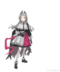 Rule 34 | 1girl, absurdres, arknights, black dress, black footwear, black gloves, cape, chinese commentary, closed mouth, commentary request, dress, earrings, expressionless, full body, gloves, grey cape, grey eyes, grey hair, highres, irene (arknights), jewelry, jian jinshu yanghua wu, long hair, long sleeves, looking at viewer, pants, pink dress, scar, scar across eye, shoes, simple background, sketch, solo, standing, torn cape, torn clothes, white background, white dress, white pants