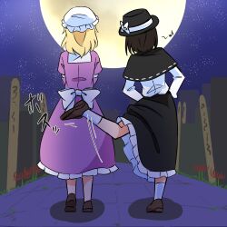 Rule 34 | 2girls, black capelet, black skirt, blonde hair, bow, brown hair, capelet, chisato and takina kicking each other&#039;s butt (meme), dress, fedora, flower, full moon, hat, hat bow, highres, long sleeves, lycoris recoil, maribel hearn, medium hair, meme, mob cap, moon, multiple girls, musical note, night, night sky, outdoors, purple dress, red flower, ribbon-trimmed capelet, shadow, shirt, skirt, sky, spider lily, star (sky), touhou, usami renko, white bow, white hat, white shirt, yakousei no kame