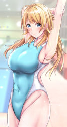 Rule 34 | 1girl, aga marino, arm up, armpits, blonde hair, blue eyes, blue one-piece swimsuit, blurry, blurry background, breasts, closed mouth, collarbone, competition swimsuit, covered navel, cowboy shot, hachimiya meguru, highleg, highleg swimsuit, idolmaster, idolmaster shiny colors, indoors, large breasts, long hair, looking at viewer, one-piece swimsuit, pool, poolside, smile, solo, swimsuit, water