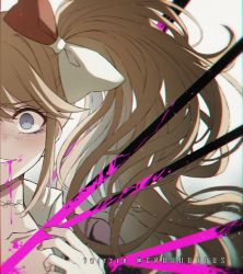 Rule 34 | 1girl, blood, bow, choker, collarbone, cosplay, criis-chan, danganronpa: trigger happy havoc, danganronpa (series), enoshima junko, enoshima junko (cosplay), grey background, grin, hair bow, ikusaba mukuro, impaled, injury, long hair, pink blood, polearm, red bow, smile, solo, spear, spoilers, teeth, twintails, twitter username, weapon, white bow