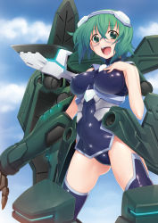 Rule 34 | 10s, 1girl, :d, armor, bare shoulders, blue thighhighs, bodysuit, breastplate, breasts, breasts apart, cloud, covered erect nipples, cowboy shot, day, faulds, gauntlets, glasses, greaves, green eyes, green hair, hair between eyes, hairband, halterneck, hand on own chest, happy, headgear, impossible clothes, impossible leotard, infinite stratos, kazuma muramasa, large breasts, legs apart, leotard, looking at viewer, matching hair/eyes, mecha musume, neon trim, open mouth, outdoors, pelvic curtain, pilot suit, rafale revive, semi-rimless eyewear, shiny clothes, short hair, skin tight, sky, smile, solo, thighhighs, turtleneck, under-rim eyewear, yamada maya (infinite stratos)