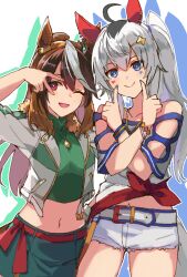 Rule 34 | 2girls, ahoge, alternate costume, animal ears, bare shoulders, belt, blue hair, bracelet, breasts, brown hair, closed mouth, clothing cutout, collared shirt, cosplay, cowboy shot, crop top, cropped jacket, cutoffs, daitaku helios (umamusume), daitaku helios (umamusume) (cosplay), ear covers, facepaint, green skirt, green sweater, grey hair, hair ornament, hairclip, hands up, horse ears, horse girl, horse tail, index fingers together, jacket, jewelry, kusanagi kaoru, looking at viewer, medium breasts, mejiro palmer (umamusume), mejiro palmer (umamusume) (cosplay), midriff, multicolored hair, multiple girls, navel, necklace, off-shoulder shirt, off shoulder, oguri cap (umamusume), one eye closed, open mouth, ponytail, red eyes, shirt, short shorts, shorts, side ponytail, skirt, smile, sweater, symboli rudolf (umamusume), tail, tied shirt, turtleneck, turtleneck sweater, two-tone hair, umamusume, v over eye, white jacket, white shorts, wristband