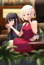 Rule 34 | 2girls, absurdres, bare shoulders, beads, black hair, black jacket, black pants, blonde hair, blurry, blurry background, blurry foreground, breasts, chai haru, cleavage, cleavage cutout, closed mouth, clothing cutout, collared shirt, commentary request, couch, depth of field, dress, dress shirt, glass, grey shirt, grey vest, hair beads, hair ornament, hand on another&#039;s waist, highres, holding hands, inoue takina, jacket, large breasts, light particles, long hair, looking at viewer, lycoris recoil, microphone, multiple girls, necktie, nishikigi chisato, official alternate costume, open clothes, open jacket, open mouth, pants, plant, ponytail, purple eyes, red dress, red eyes, red necktie, shirt, short hair, sidelocks, sitting, sleeveless, sleeveless dress, vest, yuri