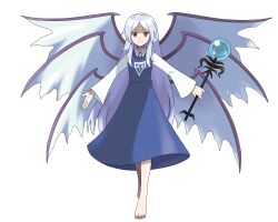 Rule 34 | 1girl, absurdres, angel, asatsuki (fgfff), barefoot, blue dress, blue hair, closed mouth, collared shirt, dress, full body, happy, highres, holding, holding staff, long dress, long hair, long sleeves, multiple wings, parody, red eyes, sariel (touhou), seraph, shirt, sky, smile, solo, staff, style parody, sugimori ken (style), touhou, touhou (pc-98), transparent background, very long hair, white shirt, wide sleeves, wings