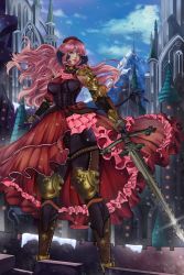 Rule 34 | 1girl, absurdres, armor, au ra, bad source, corset, curly hair, dress, final fantasy, final fantasy xiv, highres, horns, ishgardian, knight, long hair, looking to the side, paladin (final fantasy), pink hair, scales, self-upload, solo, sword, tail, very long hair, warrior, weapon