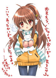 Rule 34 | 1girl, bell, brown hair, cat, cowboy shot, earmuffs, hair bell, hair ornament, izumi rei, jingle bell, lennon, little busters!, long hair, looking at viewer, mittens, natsume rin, open mouth, red eyes, scarf, solo, striped clothes, striped scarf, translated