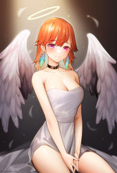 Rule 34 | 1girl, absurdres, alternate costume, angel wings, bare shoulders, breasts, choker, cleavage, earrings, feather earrings, feathers, gradient hair, halo, highres, hololive, hololive english, jewelry, large breasts, looking at viewer, medium breasts, multicolored hair, orange hair, purple eyes, smile, solo, takanashi kiara, tungsten (kwfr4544), virtual youtuber, wings