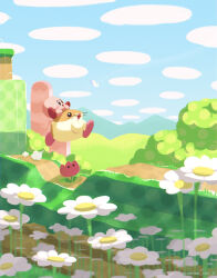 Rule 34 | blue sky, bug, butterfly, colored skin, flower, highres, insect, jumping, kirby, kirby&#039;s dream land 3, kirby (series), mountainous horizon, nantan chu 0, nintendo, no humans, open mouth, pink skin, red flower, rick (kirby), riding, sky, solid circle eyes, solid oval eyes, whiskers, white flower