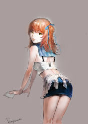 Rule 34 | 1girl, absurdres, apron, arm support, ass, dated, from behind, green eyes, hair ribbon, highres, lips, looking back, midriff, orange hair, original, ray ann, ribbon, side ponytail, signature, skirt, solo