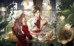 1boy 1girl absurdres black_hair brown_hair cake chair cup dress drinking_glass earrings food fork formal_clothes glasses gloves hair_ornament hairclip hat highres holding indoors jacket jewelry lamp light_and_night_love long_hair long_sleeves looking_at_another lu_chen pink_hair plant plate protagonist_(light_and_night_love) red_dress red_shirt shirt short_hair sitting smile suit table white_gloves white_jacket window zhuowang233