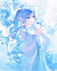 Rule 34 | 1girl, alternate costume, bird, bird on hand, blue eyes, blue flower, blue hair, blue skirt, blue theme, commentary request, cowboy shot, crying, crying with eyes open, drop earrings, earrings, elf, flower, frieren, hands up, highres, japanese clothes, jewelry, kimono, long hair, long sleeves, looking at viewer, obi, own hands together, parted lips, pointy ears, sash, skirt, solo, sousou no frieren, tears, twintails, very long hair, watermark, white kimono, wide sleeves, yu jiu
