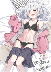 Rule 34 | 1girl, 318-chan, absurdres, ahoge, black bra, black eyes, black panties, blush, bra, breasts, cardigan, clothes pull, commentary request, commission, grey hair, highres, lace, lace-trimmed bra, lace-trimmed panties, lace trim, lingerie, looking at viewer, lying, medium hair, navel, on back, open cardigan, open clothes, open mouth, open shirt, original, panties, pink cardigan, shirt, skeb commission, skirt, skirt pull, small breasts, smile, solo, twintails, tyobis., underwear, white shirt