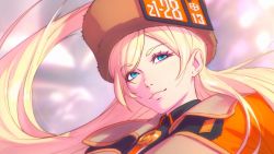 Rule 34 | 1girl, blonde hair, blue eyes, brown hat, close-up, commentary, english commentary, eyelashes, fur hat, guilty gear, guilty gear strive, hat, highres, ilya kuvshinov, jacket, lips, long hair, millia rage, official art, second-party source, smile, solo, swept bangs, uniform, ushanka, very long hair