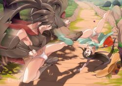 2girls :o abs bag breasts brown_hair catfight clenched_hands clothes_lift commentary_request creatures_(company) day detached_sleeves dress dress_lift eyewear_on_headwear flying_kick furisode_girl_(pokemon) furisode_girl_kali game_freak grass green_dress green_footwear handstand hat kicking long_hair multiple_girls navel nekokami nintendo one_arm_handstand open_mouth outdoors outstretched_arm panties partially_visible_vulva perky_breasts poke_ball poke_ball_(basic) pokemon pokemon_sm pokemon_xy red-framed_eyewear shoes sightseer_(pokemon) socks sun_hat sunglasses tree underwear unworn_hat unworn_headwear white_panties