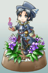 Rule 34 | 1boy, chibi, flower, frederic chopin (trusty bell), fuju, full body, gradient background, hat, male focus, musical note, plant, solo, trusty bell, violet (flower)