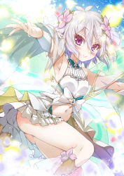 Rule 34 | 1girl, armpits, bare shoulders, boots, breasts, collared dress, commentary request, dress, flower, hair between eyes, hair flower, hair ornament, highres, kokkoro (princess) (princess connect!), kokkoro (princess connect!), leg up, light particles, looking at viewer, navel, outstretched arms, pink flower, pointy ears, porurin, princess connect!, princess form (princess connect!), red eyes, short hair, sidelocks, silver hair, small breasts, solo