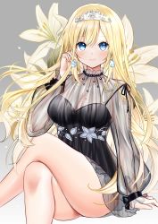 Rule 34 | 1girl, absurdres, alternate costume, alternate hairstyle, ass, bare legs, black dress, blue eyes, breasts, cleavage, collarbone, crossed legs, dress, earrings, floral background, floral print, flower, highres, hololive, hololive english, jewelry, large breasts, long hair, looking at viewer, mole, mole on breast, rinringyo, see-through, see-through dress, sitting, smile, solo, tiara, very long hair, virtual youtuber, watson amelia, watson amelia (3rd costume)