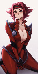 Rule 34 | 1girl, absurdres, blue eyes, blush, bodysuit, breasts, cleavage, closed mouth, code geass, collarbone, headband, highres, kouzuki kallen, large breasts, looking at viewer, parted bangs, red bodysuit, red hair, seiza, short hair, sitting, solo, the scarlet devil