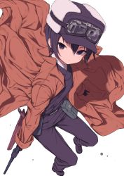 Rule 34 | 1girl, androgynous, beige coat, belt, black eyes, black hair, blouse, coat, collared coat, collared shirt, full body, fur hat, gamuo, goggles, goggles on headwear, gun, hair between eyes, handgun, hat, highres, holding, holding gun, holding weapon, holster, kino (kino no tabi), kino no tabi, leather belt, long sleeves, pants, pouch, reverse trap, revolver, shirt, short hair, simple background, solo, weapon, white background, white shirt