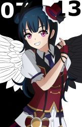 Rule 34 | 1girl, absurdres, artist name, artist request, asymmetrical wings, black feathers, black shirt, black wings, blue hair, blush, breasts, dress shirt, feather hair ornament, feathers, female focus, fingerless gloves, gloves, hair bun, hair ornament, hat, highres, long hair, looking at viewer, love live!, love live! sunshine!!, mini hat, mini top hat, mismatched wings, nail polish, parted lips, pink eyes, pink nails, puffy short sleeves, puffy sleeves, purple eyes, purple neckwear, red gloves, red hat, red shirt, shirt, short sleeves, single hair bun, smile, solo, suspenders, teeth, top hat, tsushima yoshiko, upper body, white shirt, white wings, wings
