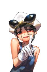 Rule 34 | 1girl, bad id, bad pixiv id, bare shoulders, black eyes, black hair, fang, gloves, hat, highres, ian3314, looking at viewer, open mouth, original, pointing, short hair, simple background, smile, solo, sunglasses, white background