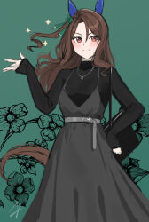 Rule 34 | 1girl, alternate costume, animal ears, bag, belt, black bag, black sweater, blush, brown hair, closed mouth, commentary, dress, ear covers, floral background, green background, grey belt, grey dress, hair between eyes, hair ornament, hand on own hip, hand on own chest, hand up, hayabusa, highres, horse ears, horse girl, horse tail, jewelry, king halo (umamusume), long hair, looking at viewer, necklace, one side up, red eyes, shoulder bag, signature, sleeves past wrists, smile, solo, sparkle, sweater, symbol-only commentary, tail, turtleneck, turtleneck sweater, umamusume