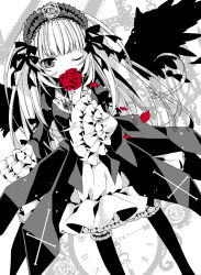 Rule 34 | 1girl, bird wings, cross, dress, flower, frilled sleeves, frills, gothic lolita, hairband, highres, holding, holding flower, lolita fashion, lolita hairband, long hair, long sleeves, monochrome, moru, one eye closed, rose, rozen maiden, solo, suigintou, very long hair, wings