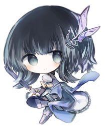 Rule 34 | 1girl, armored boots, bad id, bad pixiv id, black hair, black pantyhose, blue eyes, blush, boots, character request, chibi, closed mouth, commentary request, cottontailtokki, full body, hair ornament, holding, holding sword, holding weapon, knee boots, layered sleeves, long hair, long sleeves, looking at viewer, looking to the side, pantyhose, puffy short sleeves, puffy sleeves, shingeki no bahamut, short over long sleeves, short sleeves, simple background, smile, solo, sword, weapon, white background