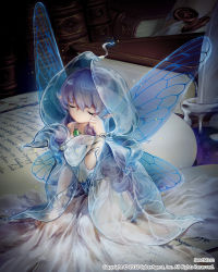 Rule 34 | 1girl, ancient fairy, artist name, bare shoulders, barefoot, book, butterfly wings, character name, closed eyes, dress, fairy, insect wings, jane mere, jewelry, light particles, long hair, lots of jewelry, mini person, minigirl, necklace, pointy ears, silver hair, sitting, solo, tenkuu no crystalia, very long hair, watermark, wings