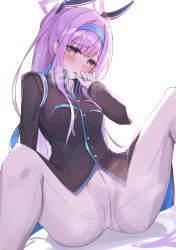 Rule 34 | 1girl, :o, absurdres, arm support, arm up, black jacket, blue archive, blue hairband, blue ribbon, blush, breasts, commentary, feet out of frame, gloves, hair ribbon, hairband, highres, jacket, long hair, long sleeves, looking at viewer, medium breasts, muteppona hito, open mouth, pants, ponytail, purple eyes, purple hair, ribbon, sidelocks, sitting, solo, spread legs, utaha (blue archive), white background, white gloves, white pants