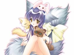 Rule 34 | animal, animal ears, barefoot, bell, blue hair, blush, bow, brown eyes, rabbit, cat, cat ears, cat tail, censored, convenient censoring, crossed arms, fox, fox ears, iori (tail tale), jingle bell, jpeg artifacts, kitten, koma (tail tale), long hair, louis&amp;visee, min (tail tale), multiple tails, nude, object on head, raccoon, sitting, solo, soro (tail tale), tail, tail tale, thighhighs, wallpaper, yellow eyes