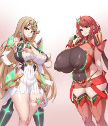 Rule 34 | alternate breast size, areola slip, blonde hair, bodysuit, breasts, chest jewel, cleavage cutout, clothing cutout, covered erect nipples, elbow gloves, female pervert, gem, gloves, headpiece, huge breasts, long hair, looking at viewer, multiple girls, mythra (xenoblade), nipple slip, nipples, pervert, puffy nipples, pyra (xenoblade), red hair, red shorts, saikura noushu, short hair, shorts, skin tight, smile, swept bangs, thick thighs, thighs, tiara, xenoblade chronicles (series), xenoblade chronicles 2, yellow eyes