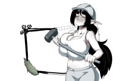 Rule 34 | 1girl, bankage, breasts, cleavage, closed eyes, commentary, crop top, cucumber, elfie (bankage), english commentary, greyscale, hammer, hard hat, helmet, holding, holding hammer, huge breasts, midriff, monochrome, navel, original, pants, pointy ears, sledgehammer, smile, solo