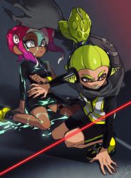 Rule 34 | 1boy, 1girl, agent 3 (splatoon), agent 8 (splatoon), anklet, arm support, asymmetrical sleeves, bike shorts, black cape, black footwear, black jacket, black shirt, black shorts, black skirt, boots, bracelet, cape, colored tongue, dark skin, dated, frown, green hair, green tongue, grey eyes, hair ornament, hair scrunchie, headgear, inkling, inkling boy, inkling player character, jacket, jewelry, laser, laser pointer projection, laser sight, long sleeves, looking at another, medium hair, midriff, miniskirt, nintendo, octoling, octoling girl, octoling player character, on one knee, open mouth, orange eyes, paint on body, paint on clothes, parted lips, pencil skirt, red hair, scrunchie, shirt, shoes, short hair, shorts, single vertical stripe, sitting, skirt, splatoon (series), splatoon 1, splatoon 2, splatoon 2: octo expansion, squidbeak splatoon, suction cups, tentacle hair, thigh strap, topknot, torn cape, torn clothes, uneven sleeves, vest, wariza, yellow footwear, yellow vest, yeneny