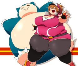 Rule 34 | 10s, 1girl, baseball cap, belly, blush, breasts, brown hair, cleavage, closed eyes, creatures (company), fangs, fat, female protagonist (pokemon go), game freak, gen 1 pokemon, hat, huge breasts, large breasts, nintendo, obese, open mouth, pokemon, pokemon (creature), pokemon go, ponytail, smile, snorlax, squarewave, thick thighs, thighs