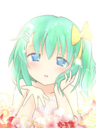 Rule 34 | 1girl, blue eyes, blush, bow, collarbone, daiyousei, elbow rest, green hair, hair bow, hair ornament, hairpin, heart, heart-shaped pupils, mickeysmith, side ponytail, solo, symbol-shaped pupils, touhou
