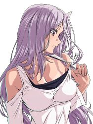 Rule 34 | 1girl, baron (varon666), breasts, cleavage, collarbone, fuuto tantei, highres, large breasts, long hair, matching hair/eyes, pulling at clothes, purple eyes, purple hair, solo, tokime (fuuto tantei), varon