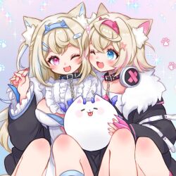 Rule 34 | 2girls, :3, animal ear fluff, animal ears, belt collar, black collar, black jacket, blue nails, blush, breasts, cleavage cutout, clothing cutout, collar, cropped jacket, dog ears, dog girl, fake claws, fur-trimmed jacket, fur trim, fuwawa abyssgard, fuwawa abyssgard (1st costume), hair ornament, hairpin, headphones, headphones around neck, highres, hololive, hololive english, jacket, large breasts, long hair, looking at another, medium hair, mococo abyssgard, mococo abyssgard (1st costume), multiple girls, nail polish, one eye closed, open mouth, perroccino (fuwamoco), pink nails, rabio (labi555), siblings, sisters, small breasts, smile, spiked collar, spikes, twins, virtual youtuber, x hair ornament