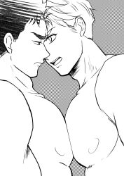 Rule 34 | 2boys, ao isami, arguing, bonzu kmt, couple, eye contact, facial hair, from side, frown, greyscale, highres, large pectorals, lewis smith, looking at another, male focus, monochrome, multiple boys, nipples, nude, pectoral docking, pectoral press, pectorals, sideburns stubble, stubble, thick eyebrows, upper body, yaoi, yuuki bakuhatsu bang bravern