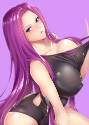 Rule 34 | 1girl, absurdly long hair, arm at side, back cutout, breasts, cleavage, clothes pull, clothing cutout, collarbone, commentary request, competition swimsuit, covered erect nipples, cowboy shot, eyelashes, fate/stay night, fate (series), fingernails, hair over breasts, half-closed eyes, hand up, large breasts, long fingernails, long hair, looking at viewer, makeup, mascara, medusa (fate), medusa (rider) (fate), one-piece swimsuit, one-piece swimsuit pull, parted lips, pulled by self, purple background, purple eyes, purple hair, purple lips, shiny clothes, shiny skin, simple background, smile, solo, swimsuit, very long hair, zucchini