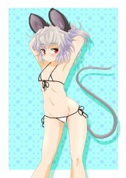 Rule 34 | 1girl, animal ears, armpits, arms behind head, arms up, bikini, blush, collarbone, female focus, grey hair, ishikkoro, mouse ears, mouse tail, navel, nazrin, red eyes, side-tie bikini bottom, solo, swimsuit, tail, touhou