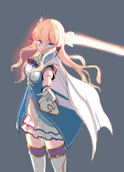 Rule 34 | 1girl, blonde hair, blue eyes, capelet, cloak, evasong, grey background, highres, pointy ears, princess connect!, saren (princess connect!), simple background, solo, thighhighs