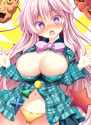 Rule 34 | 1girl, alternate breast size, aqua shirt, blush, bow, bow panties, bowtie, breasts, breasts out, circle, commentary request, cowboy shot, gluteal fold, hair between eyes, hata no kokoro, highres, large breasts, long hair, long sleeves, looking at viewer, maturiuta sorato, navel, no nipples, nose blush, open mouth, panties, pink hair, plaid, plaid shirt, polka dot, polka dot background, popped button, purple bow, purple bowtie, purple eyes, shirt, solo, star (symbol), touhou, triangle, underwear, white background, x, yellow panties
