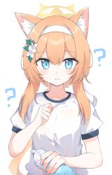 Rule 34 | 1girl, ?, animal ear fluff, animal ears, blue archive, blue eyes, blush, bottle, commentary request, flower, fox ears, gym uniform, hair flower, hair ornament, hairband, halo, hand up, highres, holding, holding bottle, long hair, looking at viewer, mari (blue archive), mari (track) (blue archive), orange hair, ponytail, preste, shirt, short sleeves, sidelocks, simple background, solo, straight-on, sweat, upper body, water bottle, wet, wet clothes, wet shirt, white background, white flower, white hairband, white shirt, yellow halo